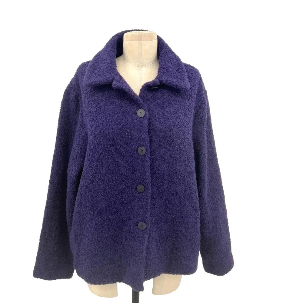 Eileen Fisher Dark Purple Short Teddy Jacket Coat Size Medium